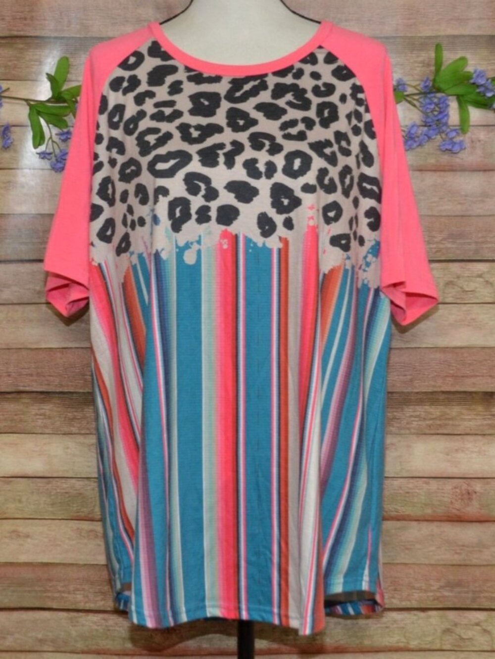 Crazy Train Ladies Striped Animal Print T-Shirt Size XXL Stretch Short Sleeve